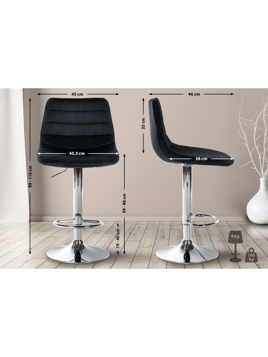 Taburete de bar Lex terciopelo cromado, negro Taburete de bar Lex terciopelo cromado, negro