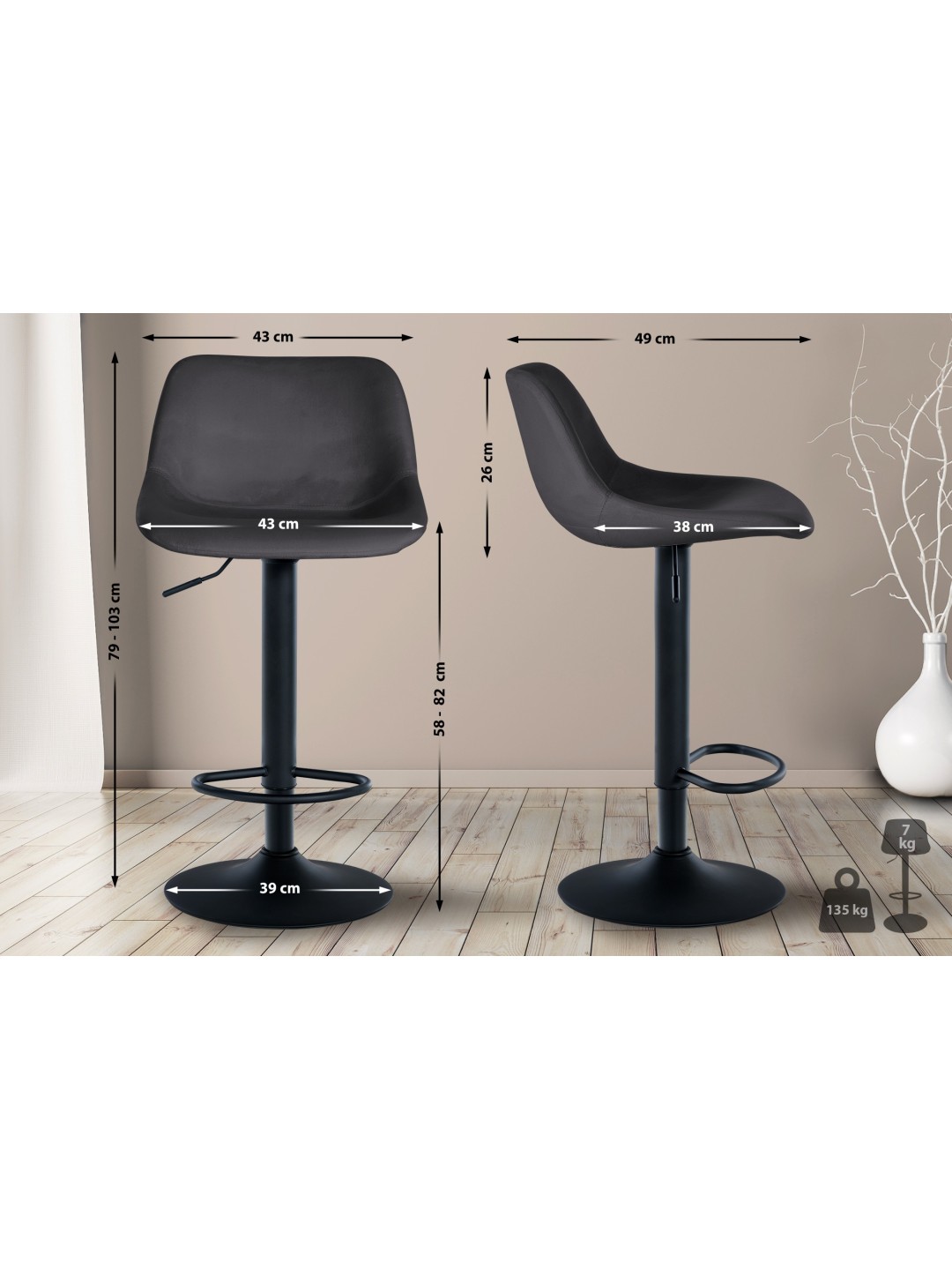 Taburete de bar Loft terciopelo, gris oscuro