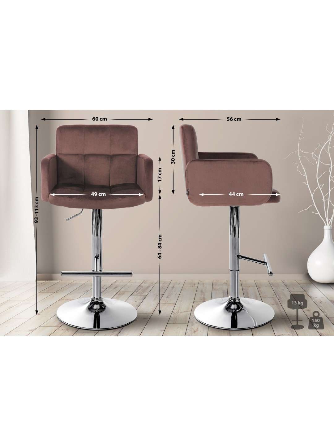 Taburete de bar Los Angeles Terciopelo cromado, marrón