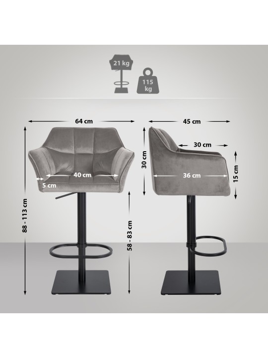 Taburete de bar Damaso B terciopelo, gris