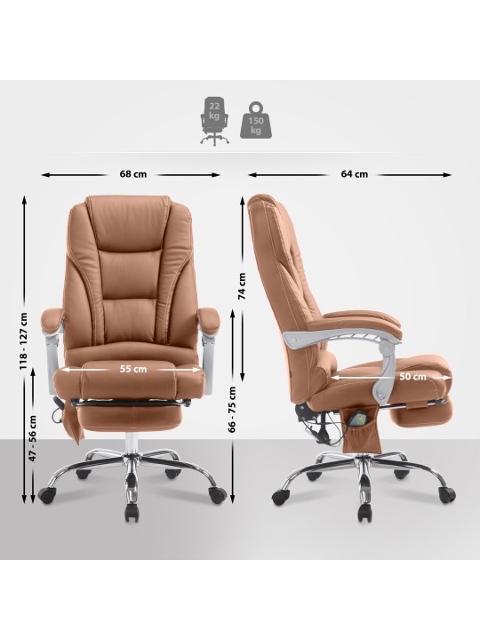 Silla de oficina Pacific con función de masaje V2 cuero artificial, marrón claro