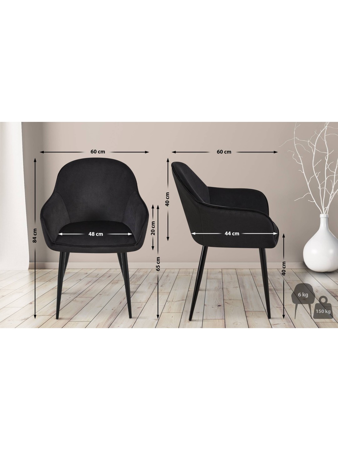 Silla de comedor de terciopelo Boise, negro