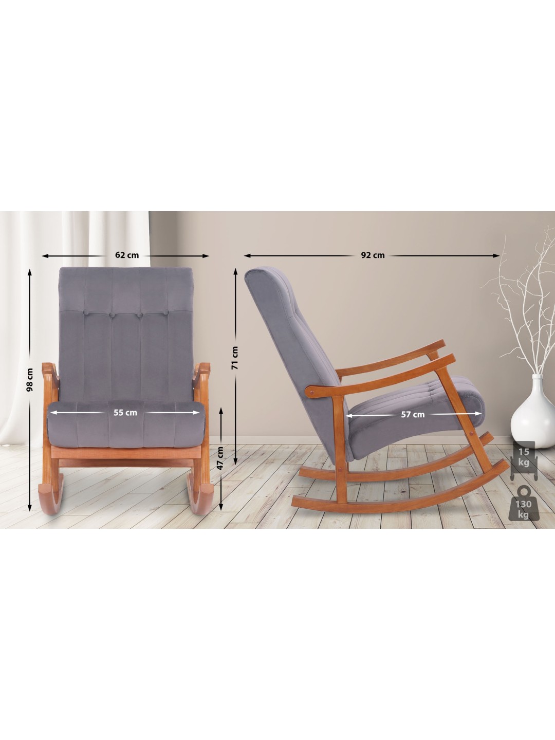 Mecedora Saltillo terciopelo, nogal/gris