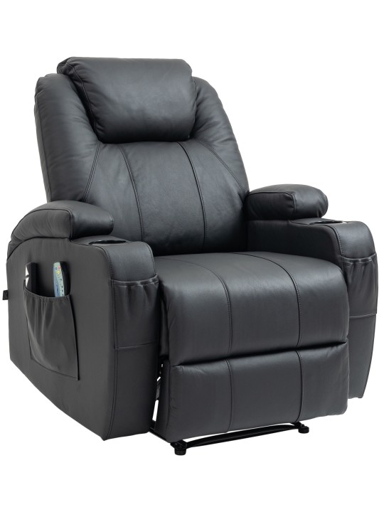 Sillón Hepler con función de masaje de cuero genuino, negro