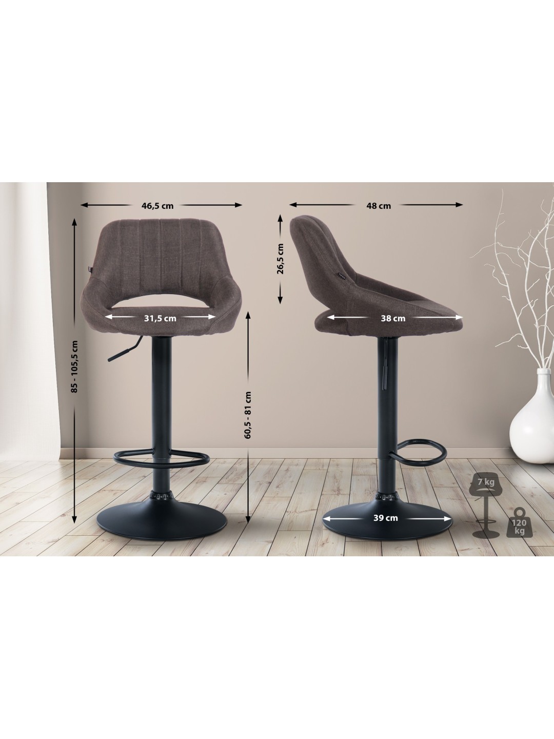 Taburete de bar Milet tela, gris oscuro