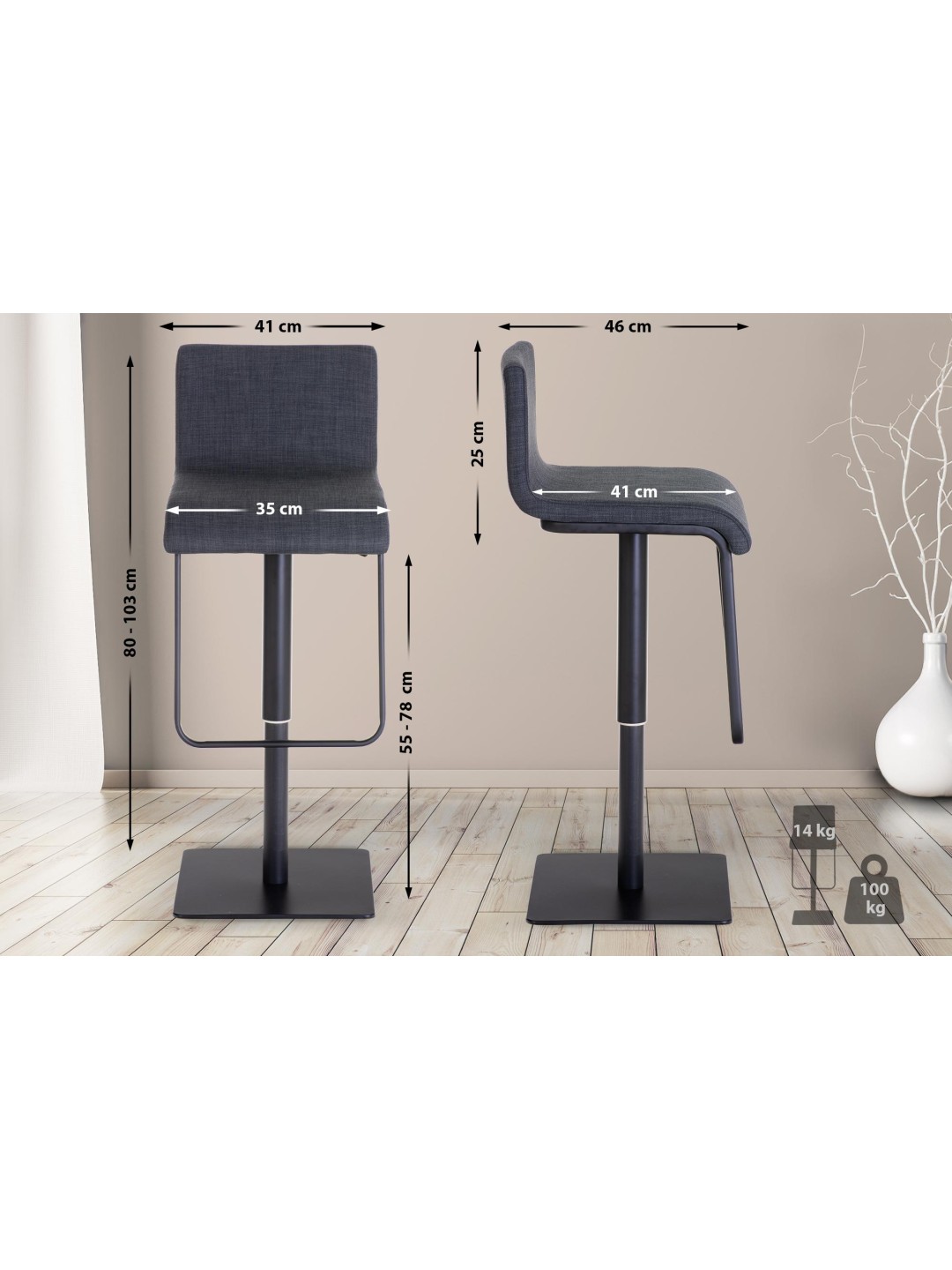 Taburete de bar Limon B tela, gris oscuro