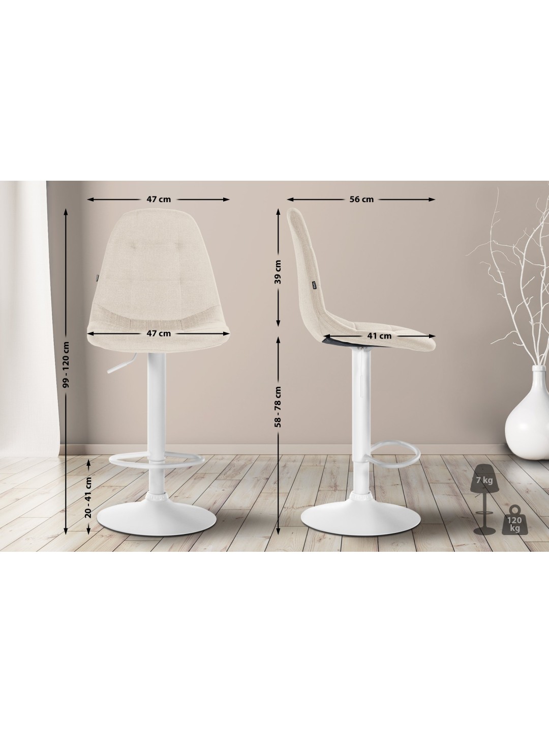 Taburete de bar Elmore tela W, crema