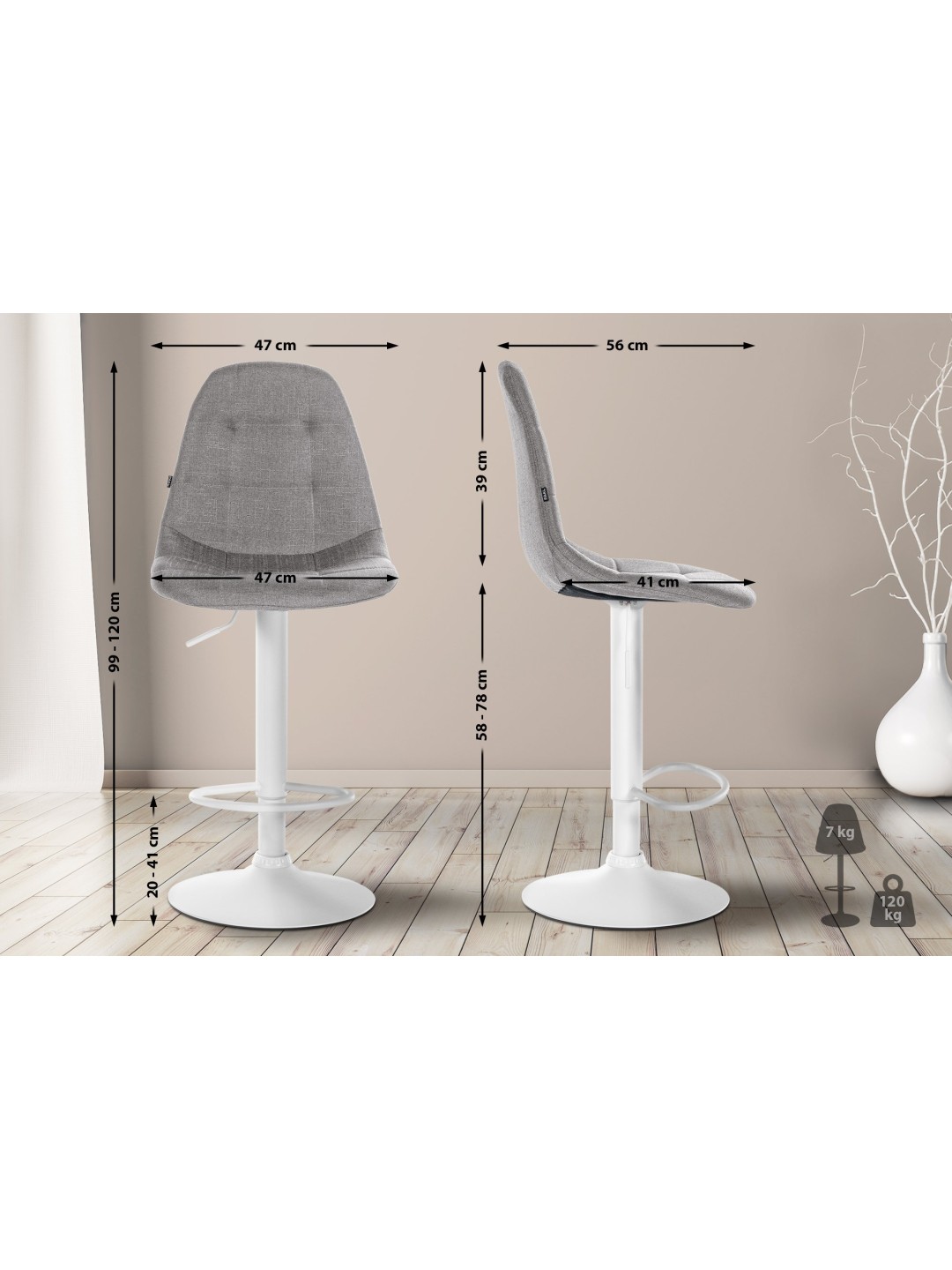 Taburete de bar Elmore tela W, gris