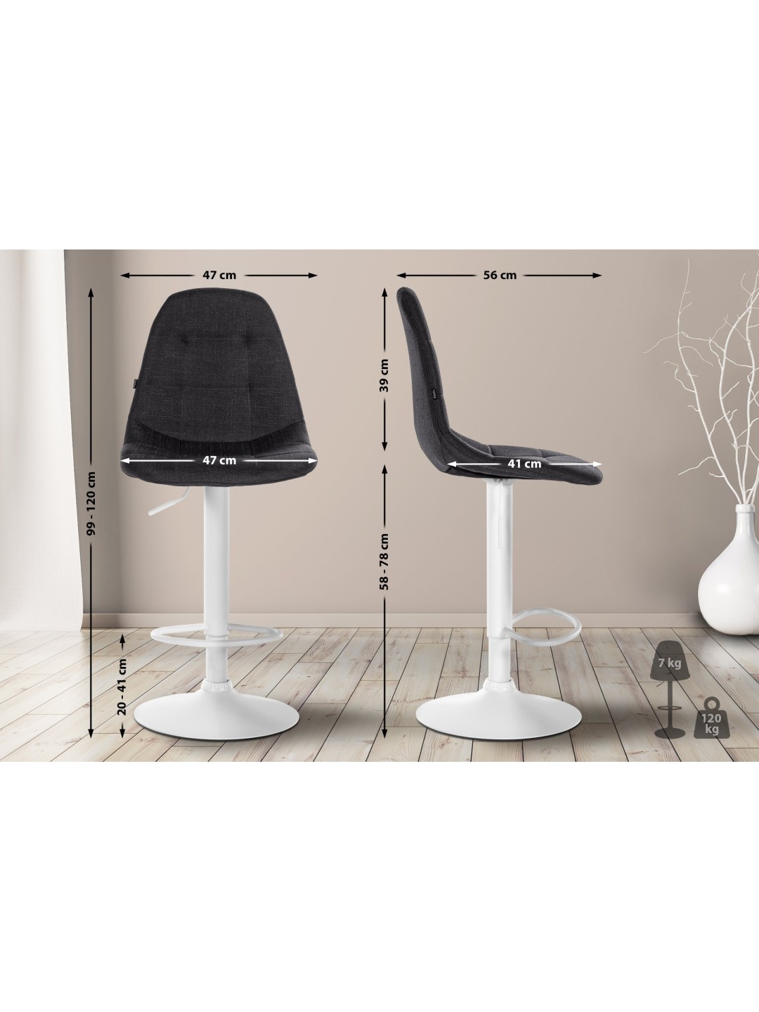 Taburete de bar Elmore tela W, negro