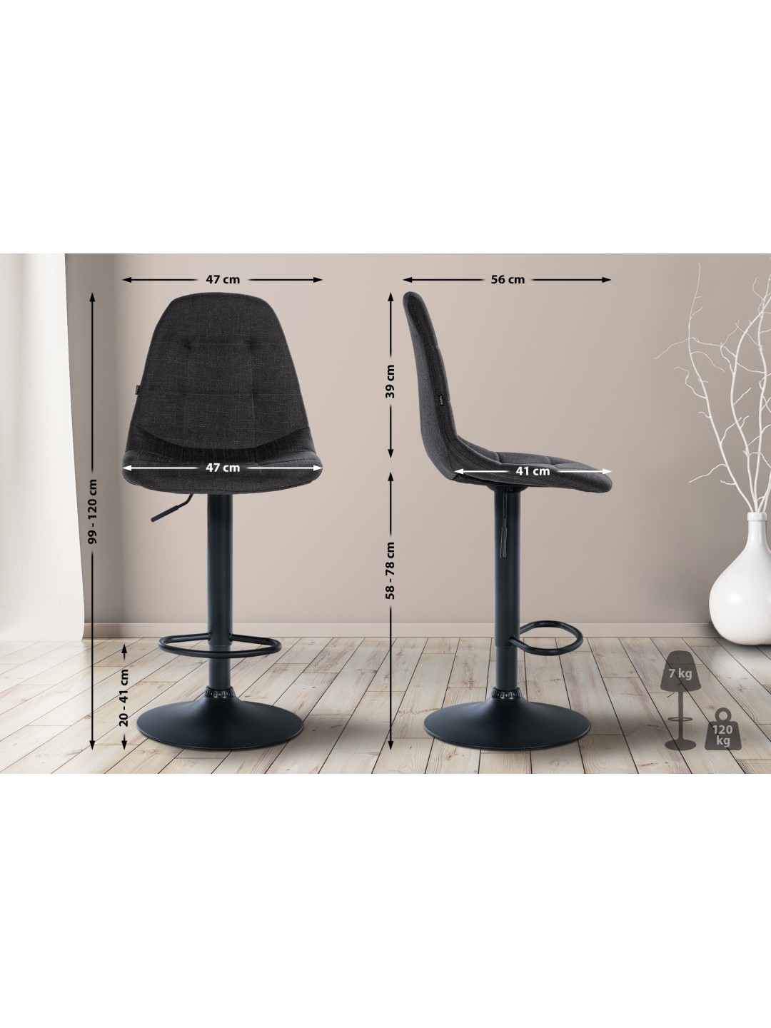 Taburete de bar Elmore tela B, negro