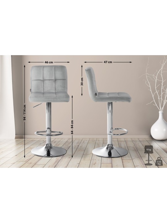 Juego de 2 taburetes de bar Perú terciopelo cromado, gris