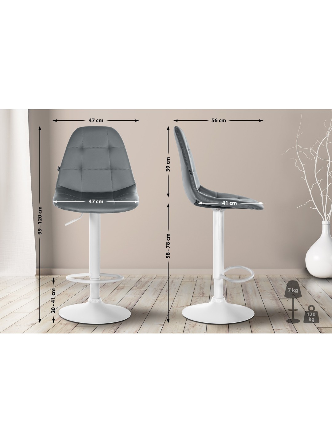 Taburete de bar Elmore piel sintética W, gris