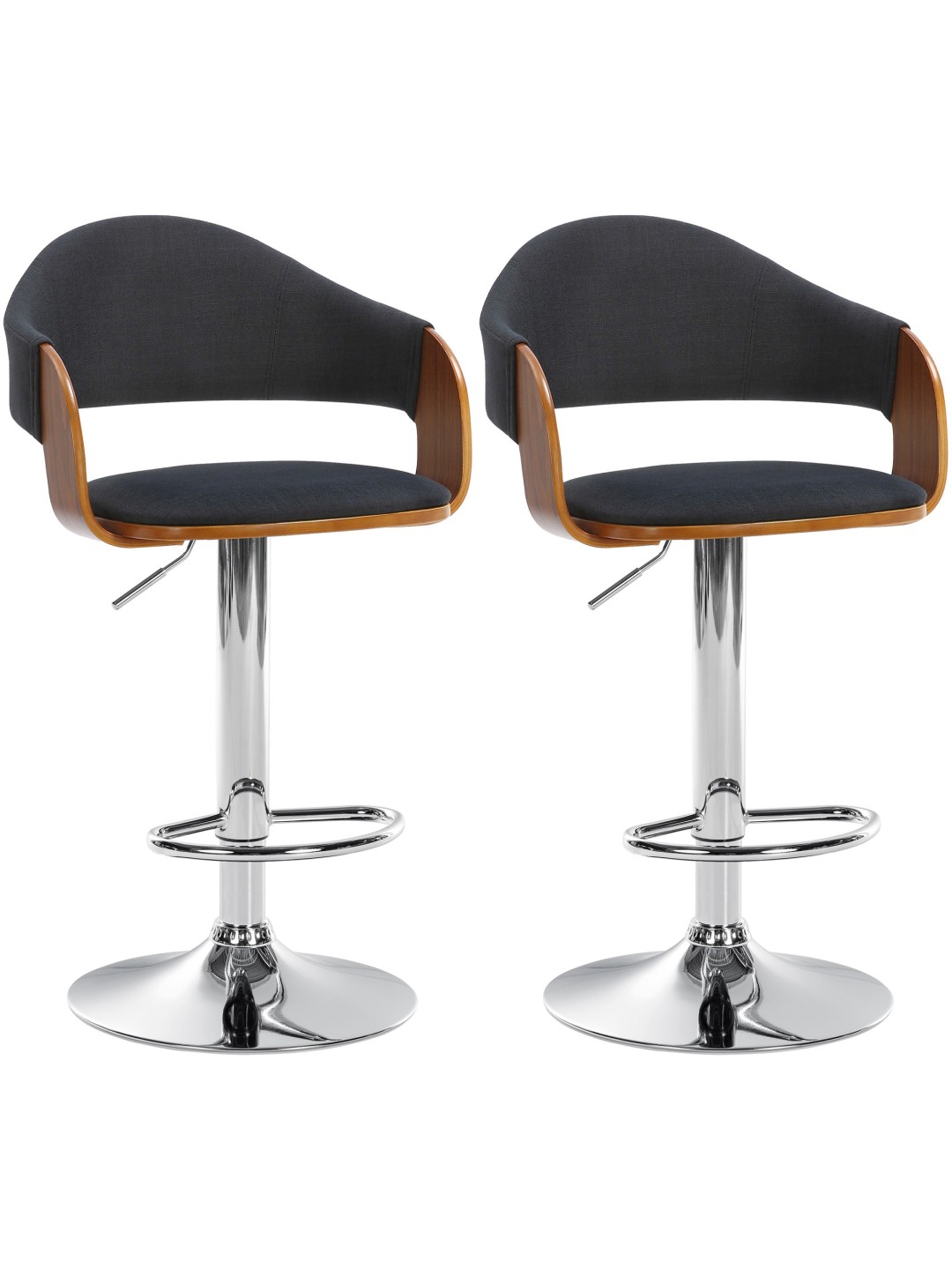 Juego de 2 taburetes de bar Nilse tela cromo, nogal/negro