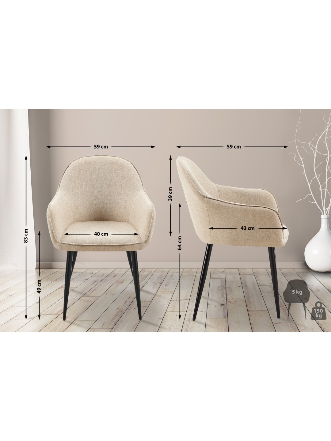 Juego de 2 sillas de comedor tela Boise, taupe