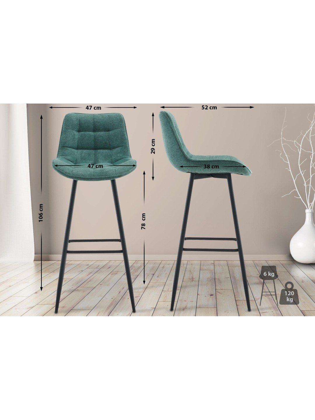 Juego de 2 taburetes de bar tela Dartford, verde