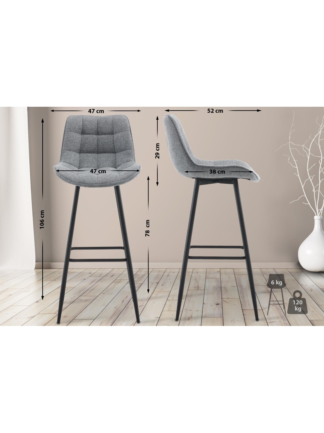 Juego de 2 taburetes de bar tela Dartford, gris