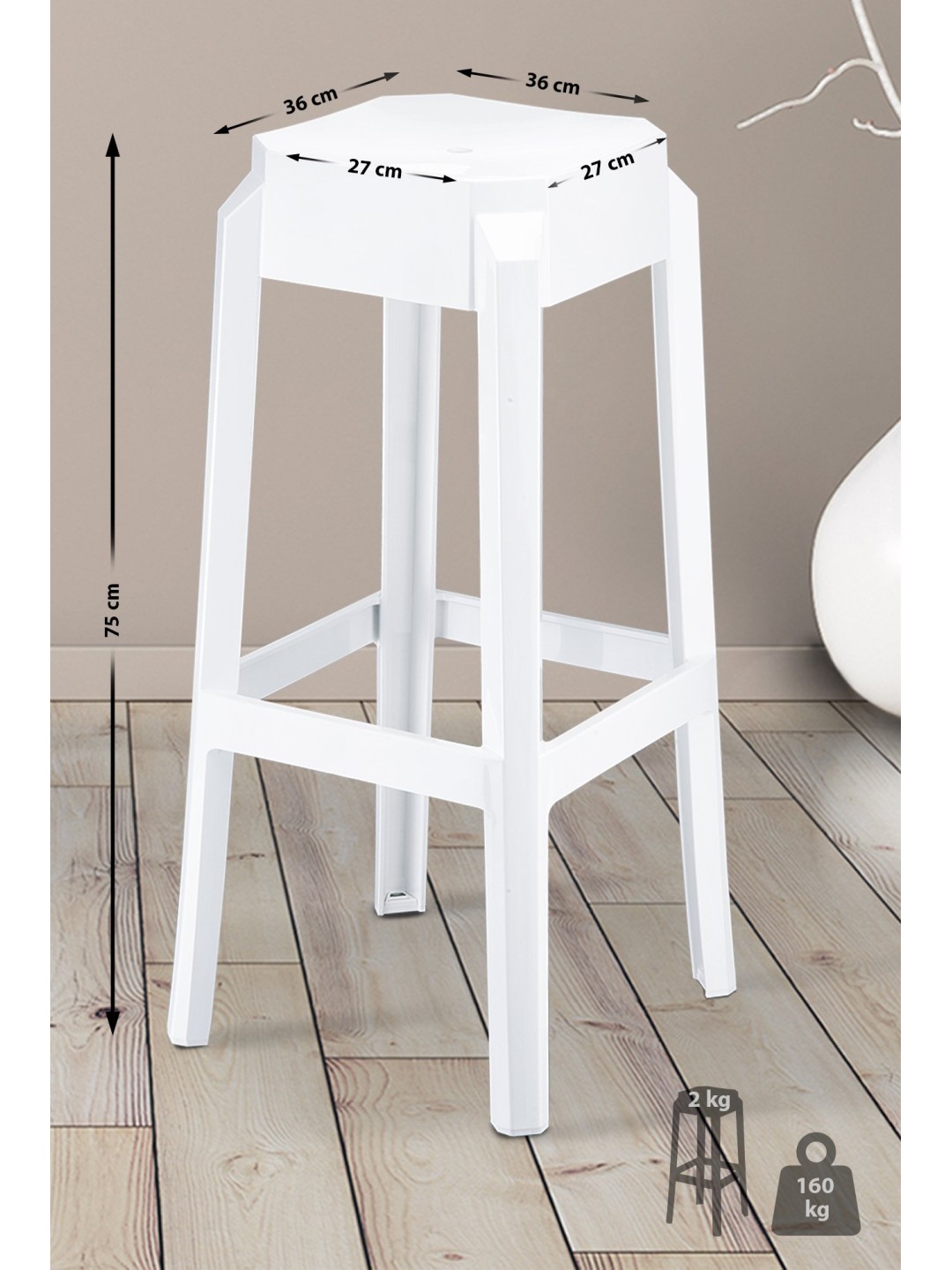 Taburete de bar Fox, blanco brillante