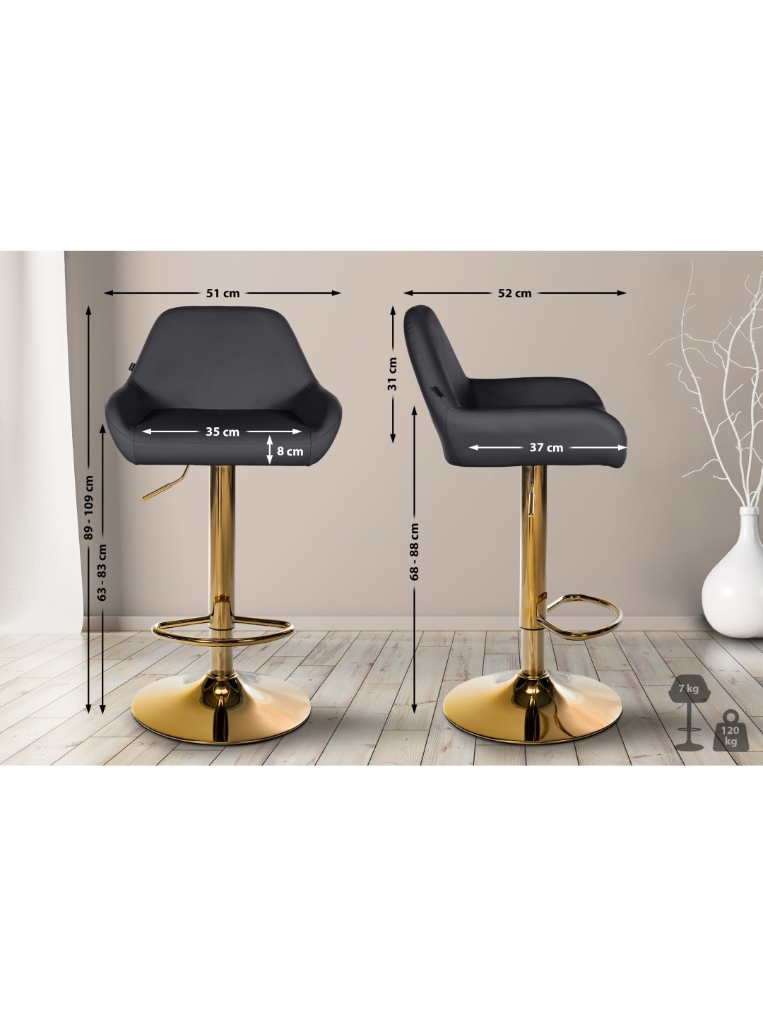 Taburete de bar Braga Piel sintética dorada, negro