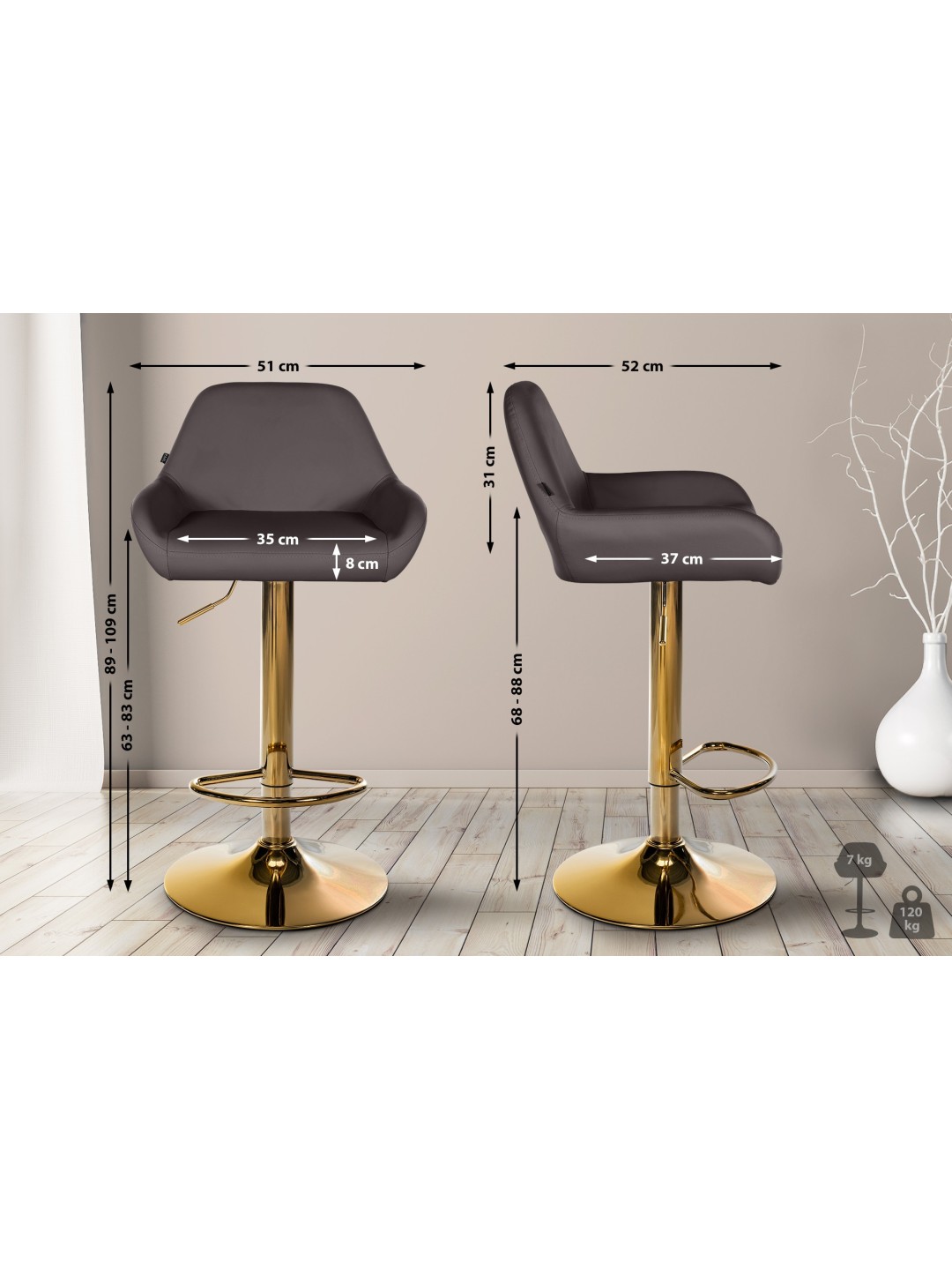 Juego de 2 taburetes de bar Braga de piel sintética dorado, marrón