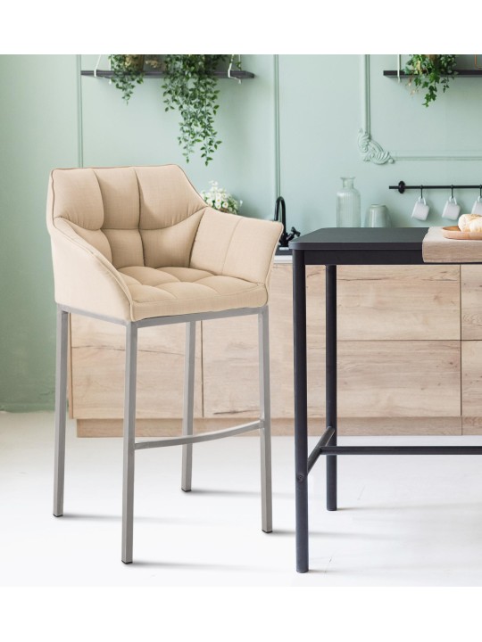 Taburete de bar Damaso E de tela con estructura de 4 pies, crema