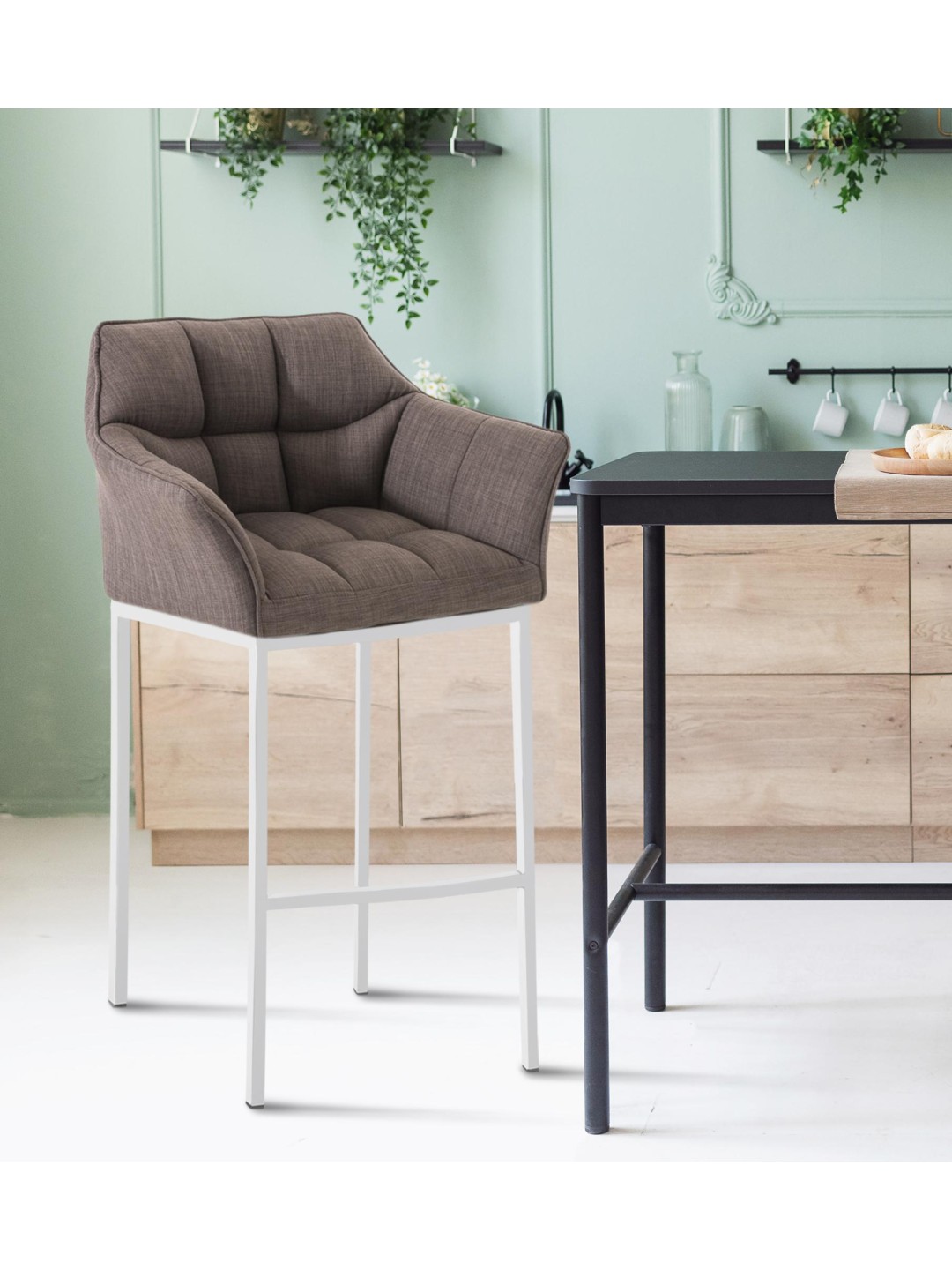 Taburete de bar Damaso W tela con estructura de 4 pies, gris