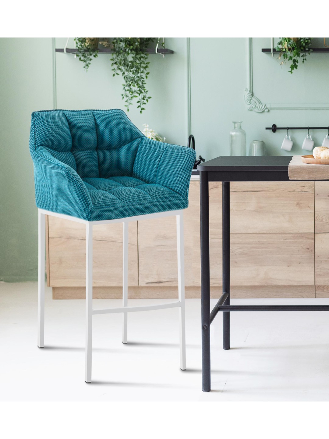 Taburete de bar Damaso W tela con estructura de 4 pies, turquesa