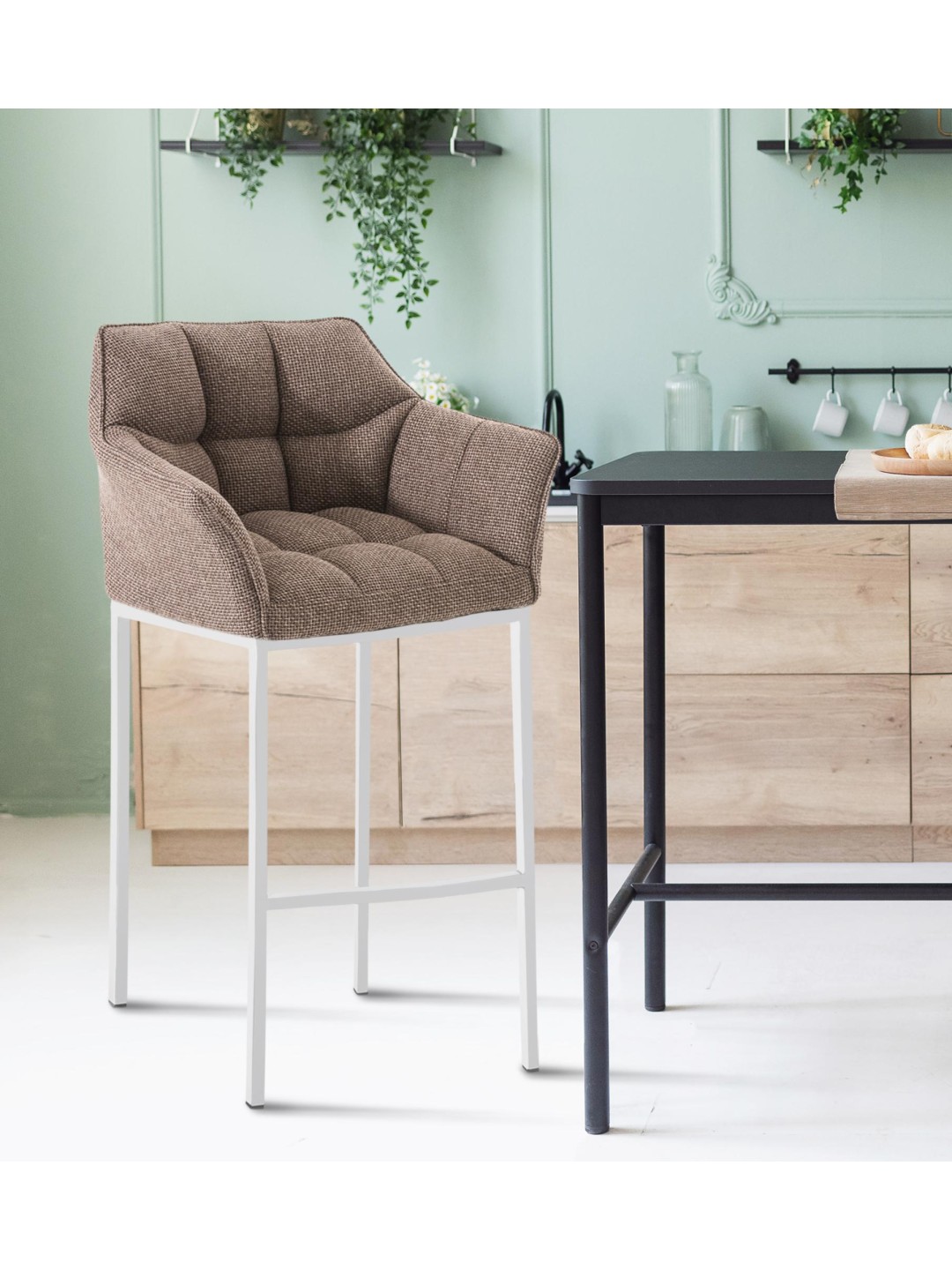 Taburete de bar Damaso W tela con estructura de 4 pies, marrón tierra