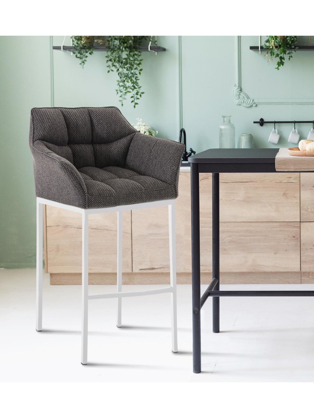 Taburete de bar Damaso W tela con estructura de 4 pies, gris titanio