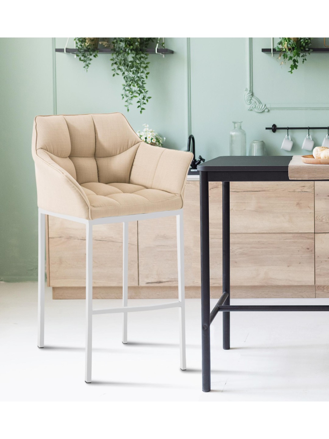 Taburete de bar tela Damaso con estructura de 4 pies, crema