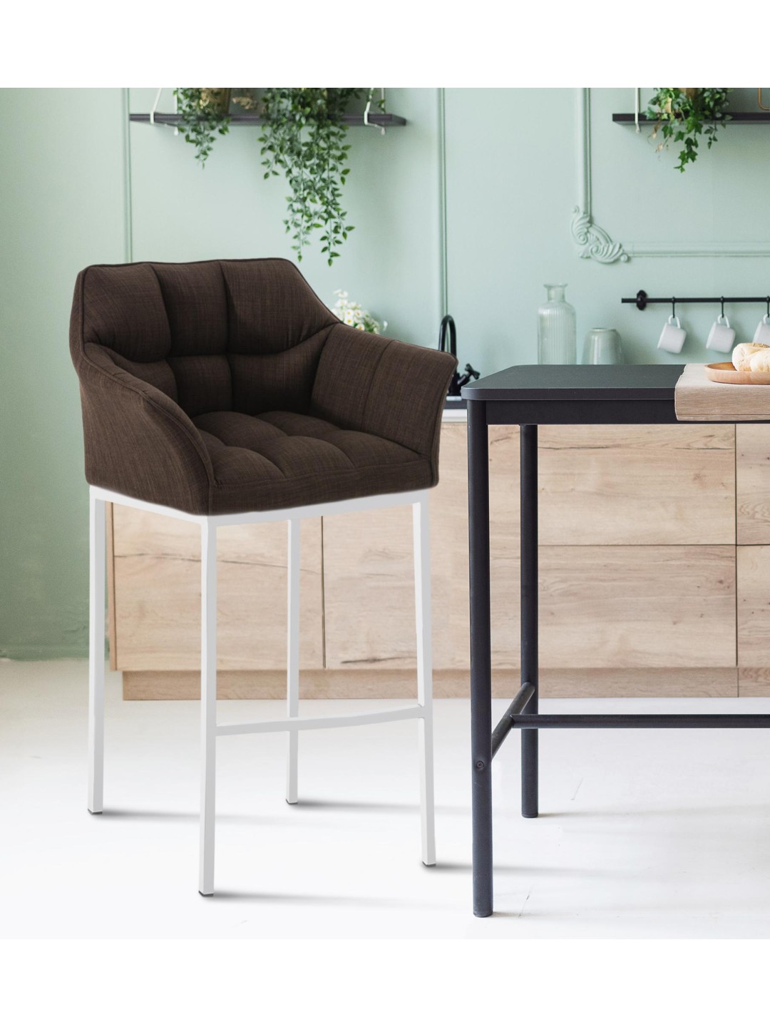 Taburete de bar tela Damaso con estructura de 4 pies, marrón