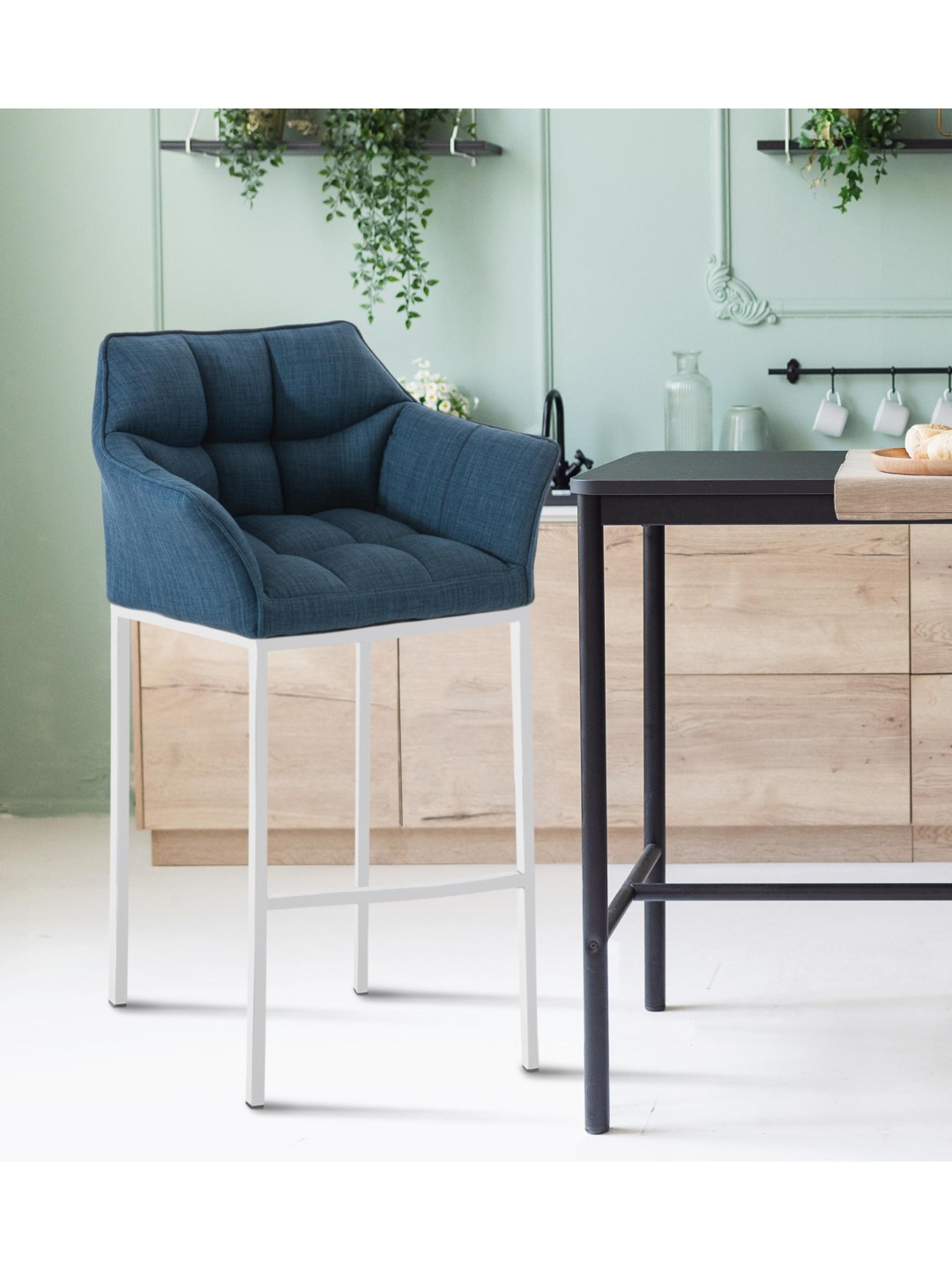 Taburete de bar tela Damaso con estructura de 4 pies, azul