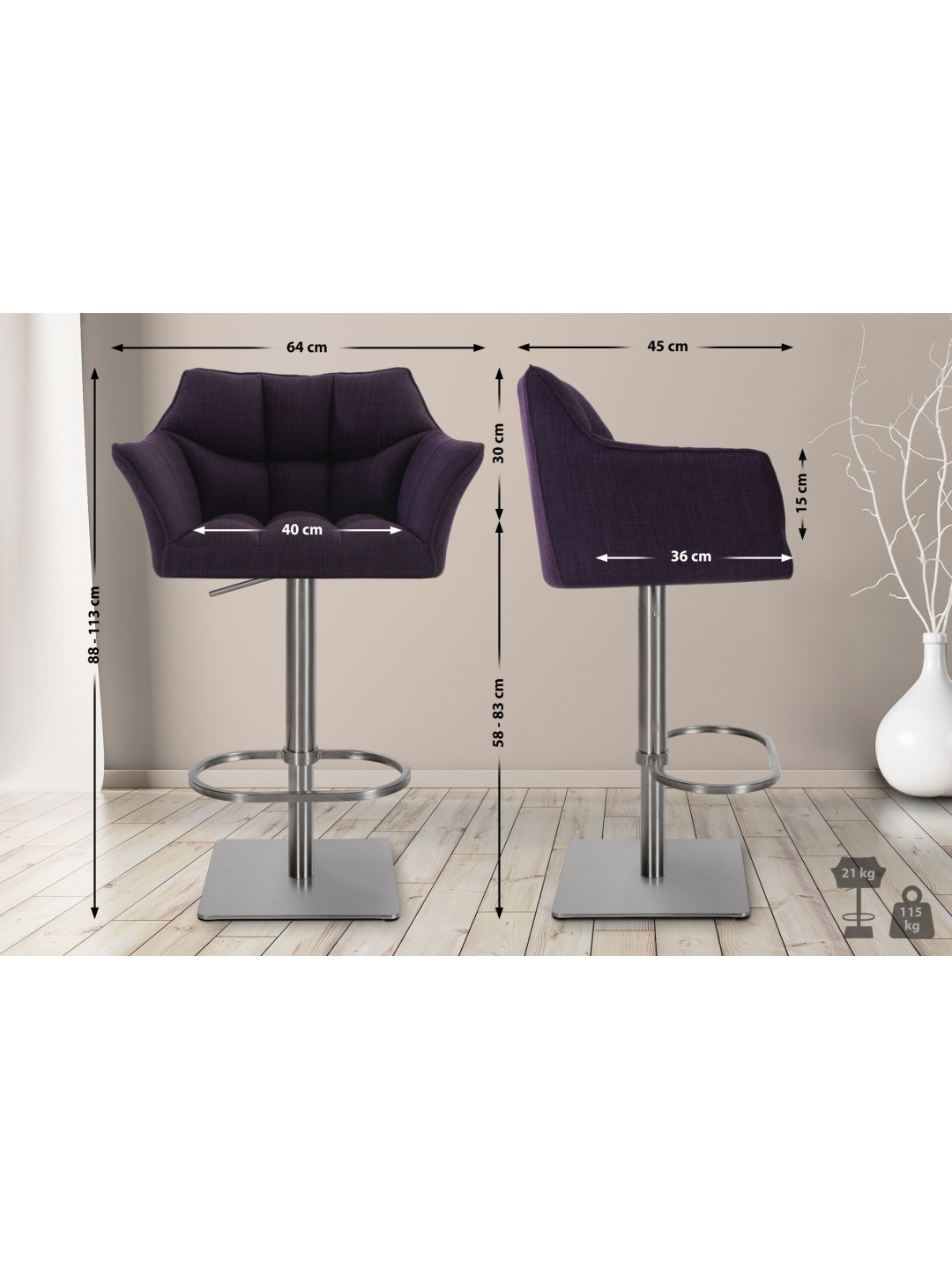 Juego de 2 taburetes de bar Damaso tejido acero inoxidable, lila