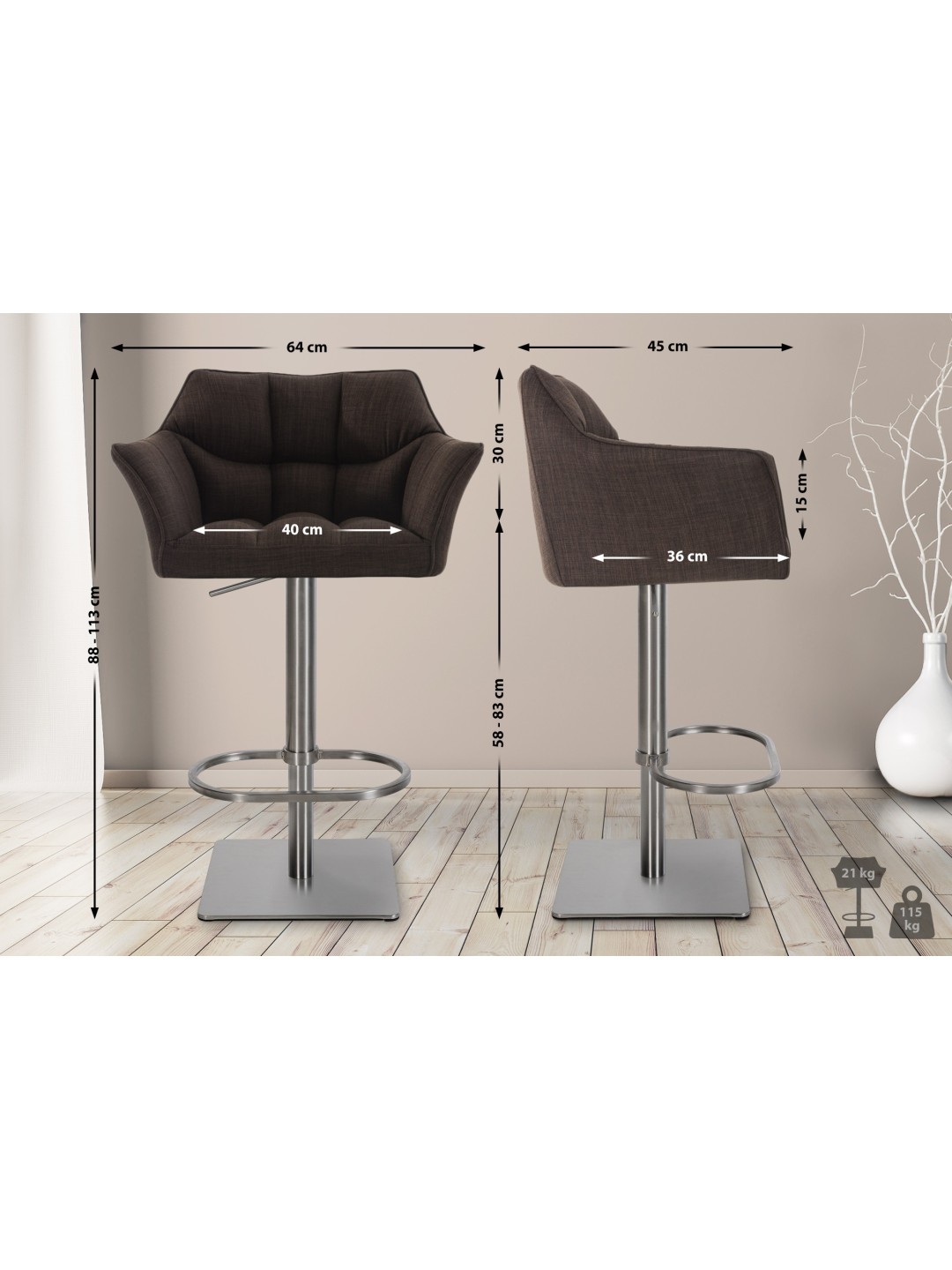 Juego de 2 taburetes de bar Damaso tejido acero inoxidable, marrón