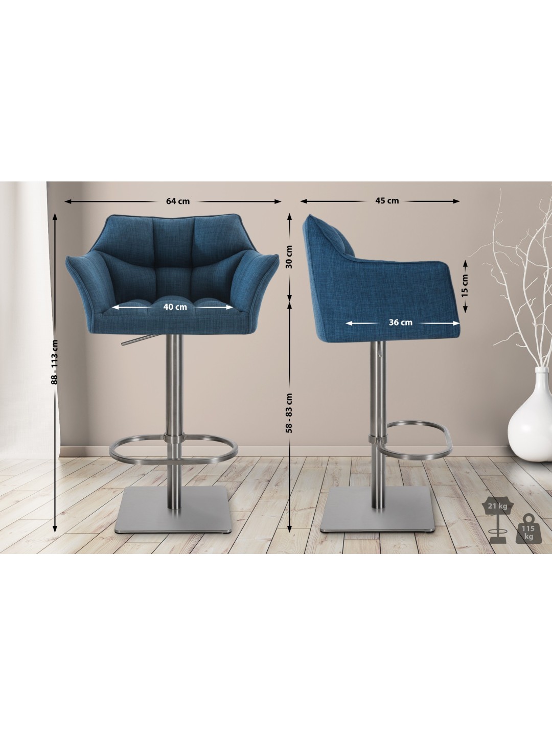 Juego de 2 taburetes de bar Damaso tejido acero inoxidable, azul