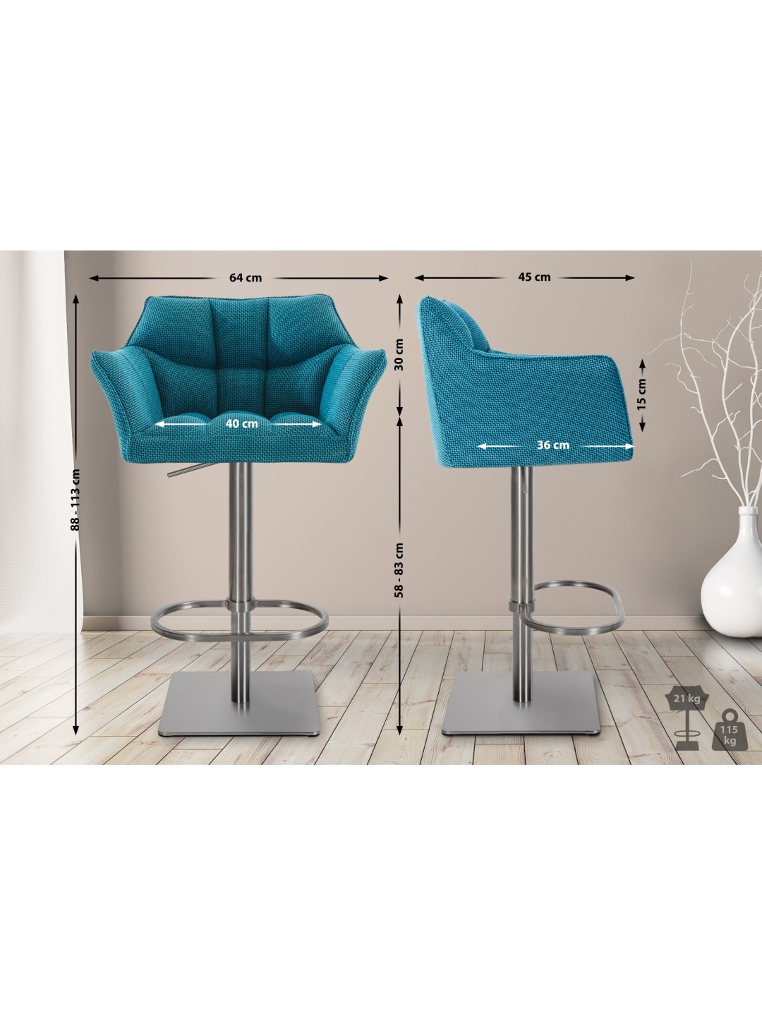 Juego de 2 taburetes de bar Damaso tejido acero inoxidable, turquesa
