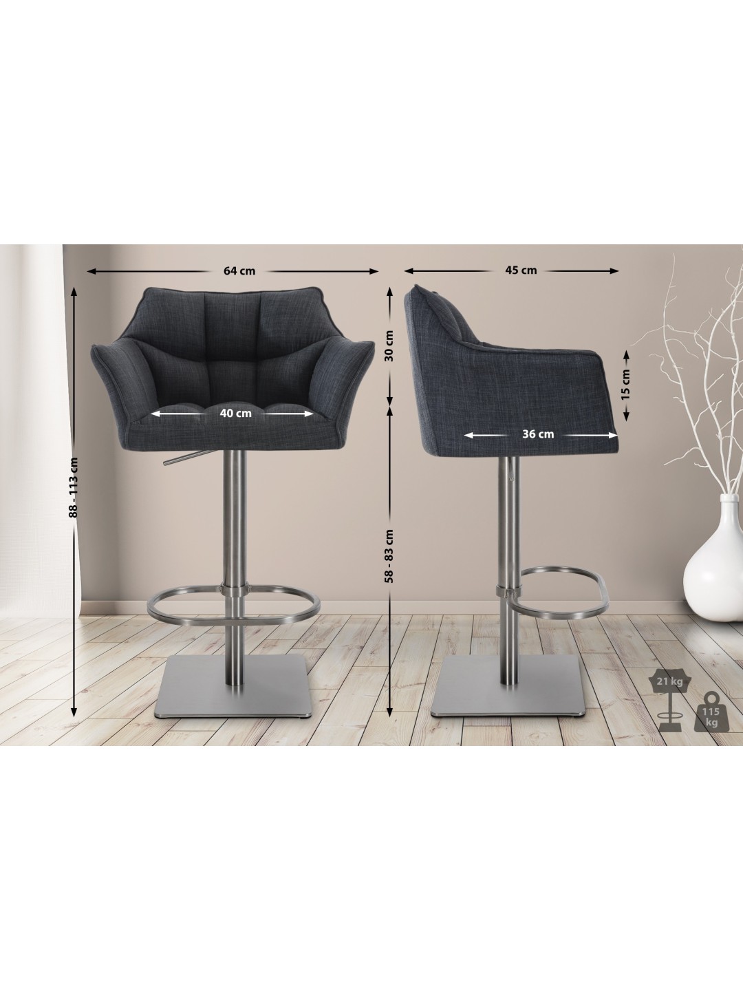 Juego de 2 taburetes de bar Damaso tejido acero inoxidable, gris oscuro