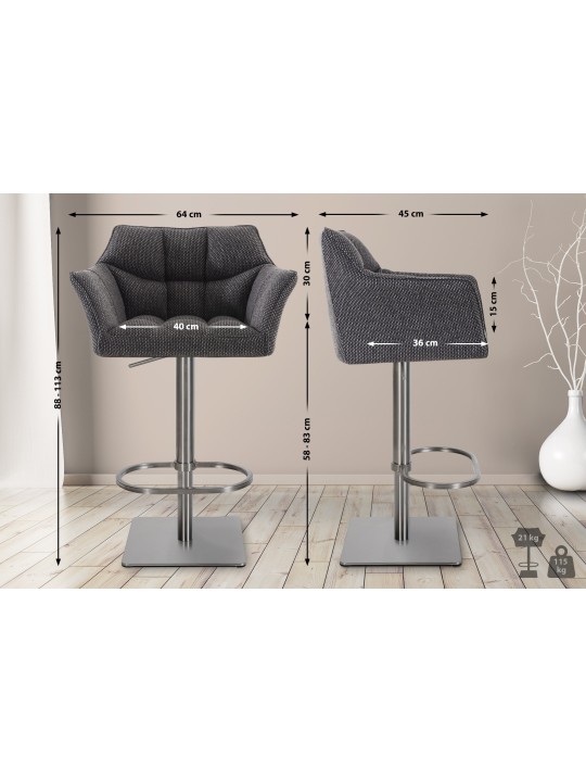 Juego de 2 taburetes de bar Damaso tejido acero inoxidable, gris titanio
