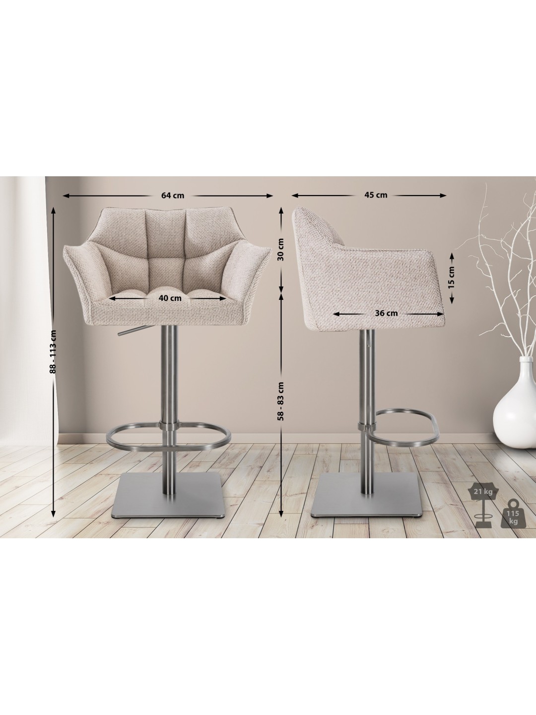 Juego de 2 taburetes de bar Damaso tejido acero inoxidable, marfil