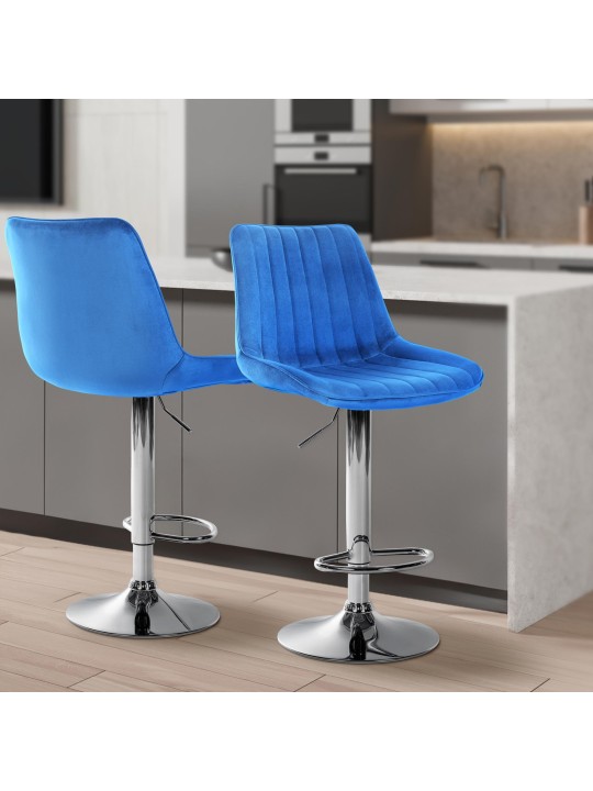 Juego de 2 taburetes de bar Toni terciopelo cromado, azul