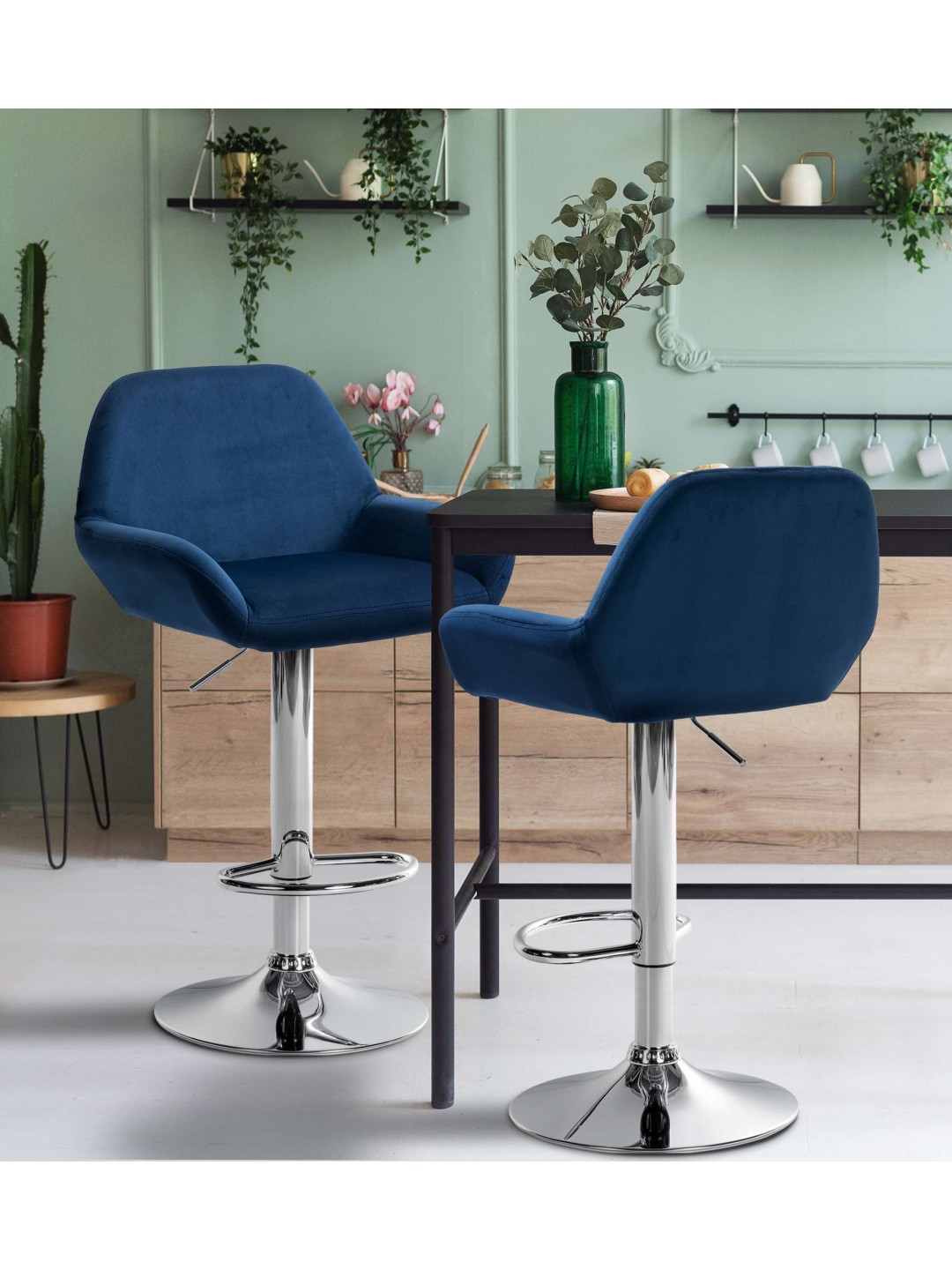 Juego de 2 taburetes de bar Braga terciopelo cromado, azul