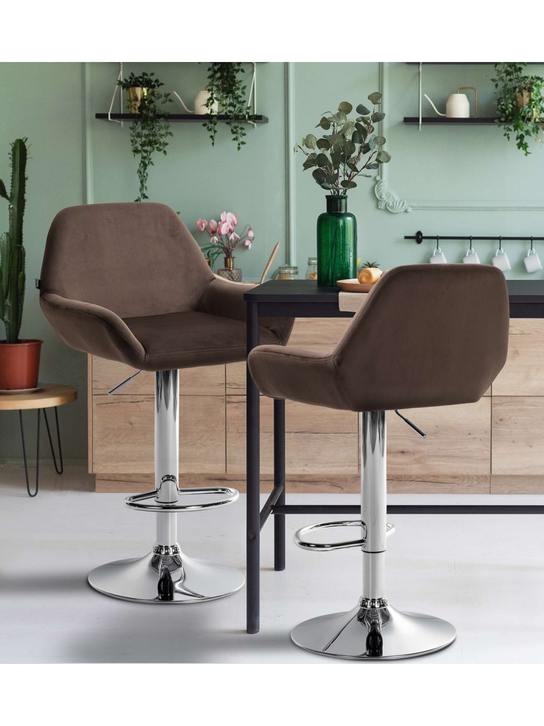 Juego de 2 taburetes de bar Braga terciopelo cromado, marrón