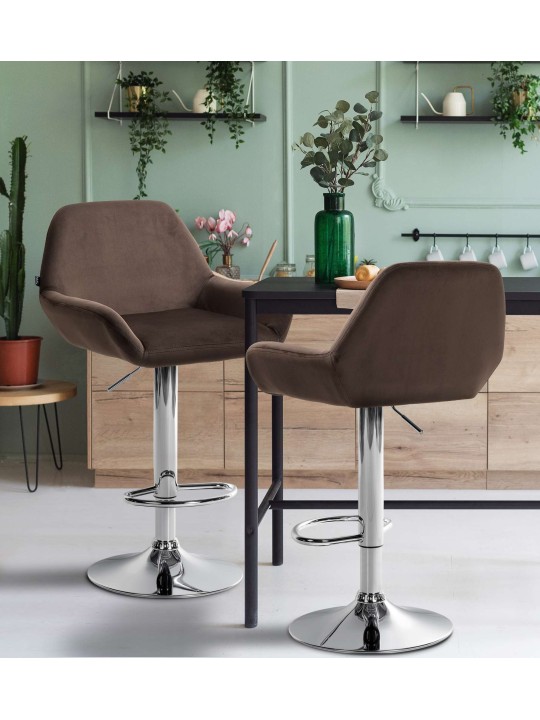 Juego de 2 taburetes de bar Braga terciopelo cromado, marrón Juego de 2 taburetes de bar Braga terciopelo cromado, marrón