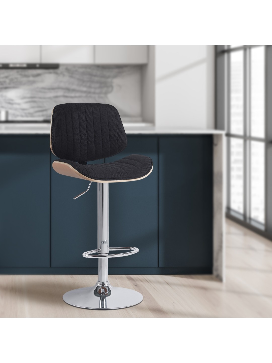 Taburete de bar Clawson tela cromo, natural/negro