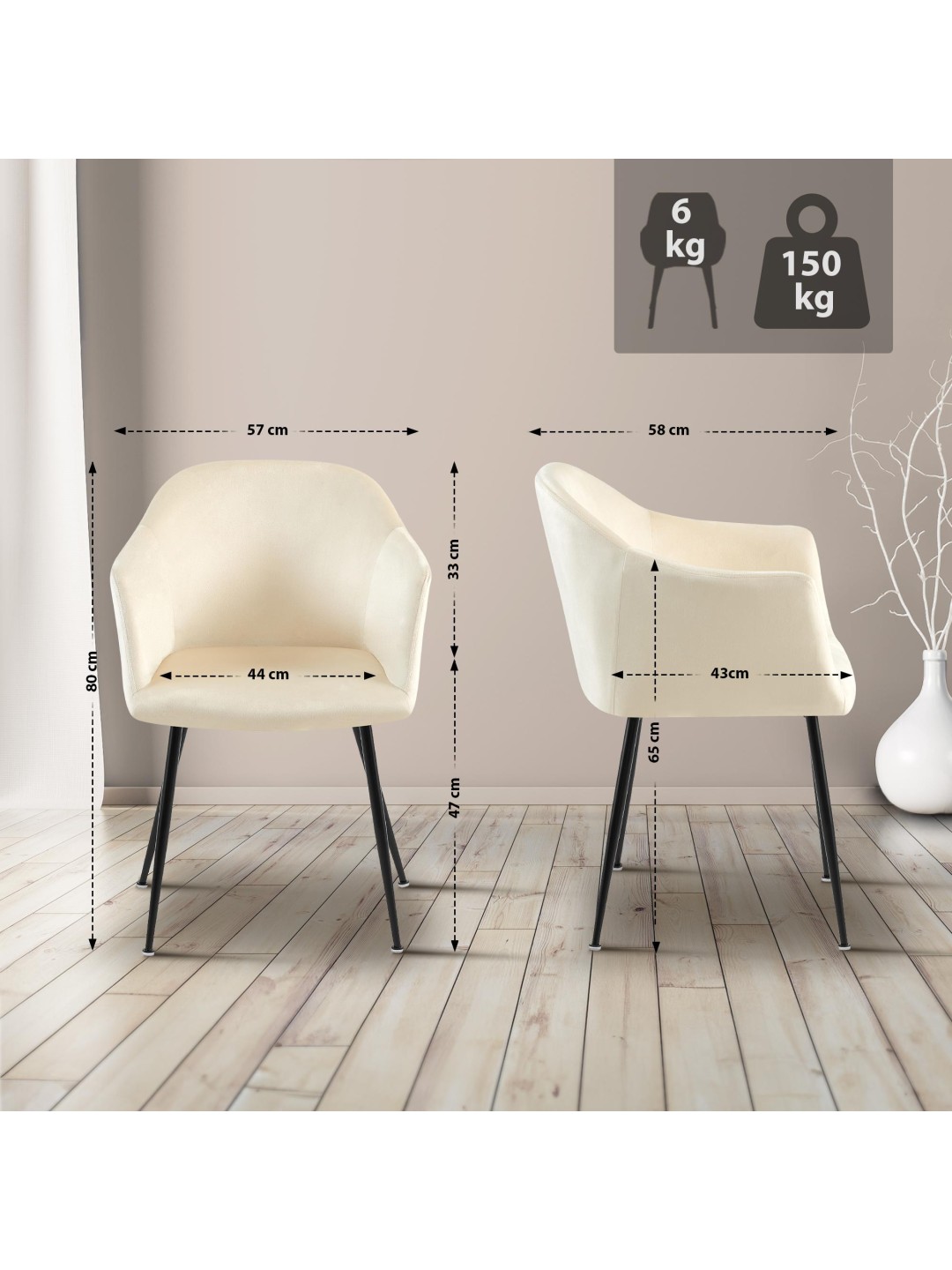 Silla de comedor de terciopelo Jaysie, crema