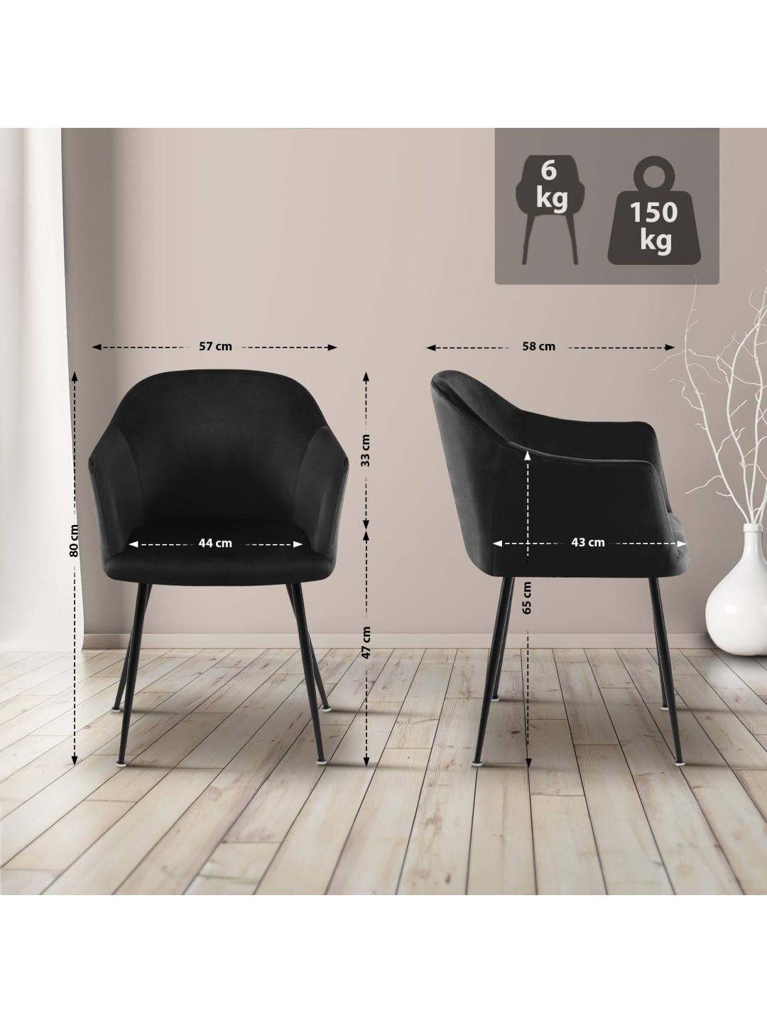 Silla de comedor de terciopelo Jaysie, negro