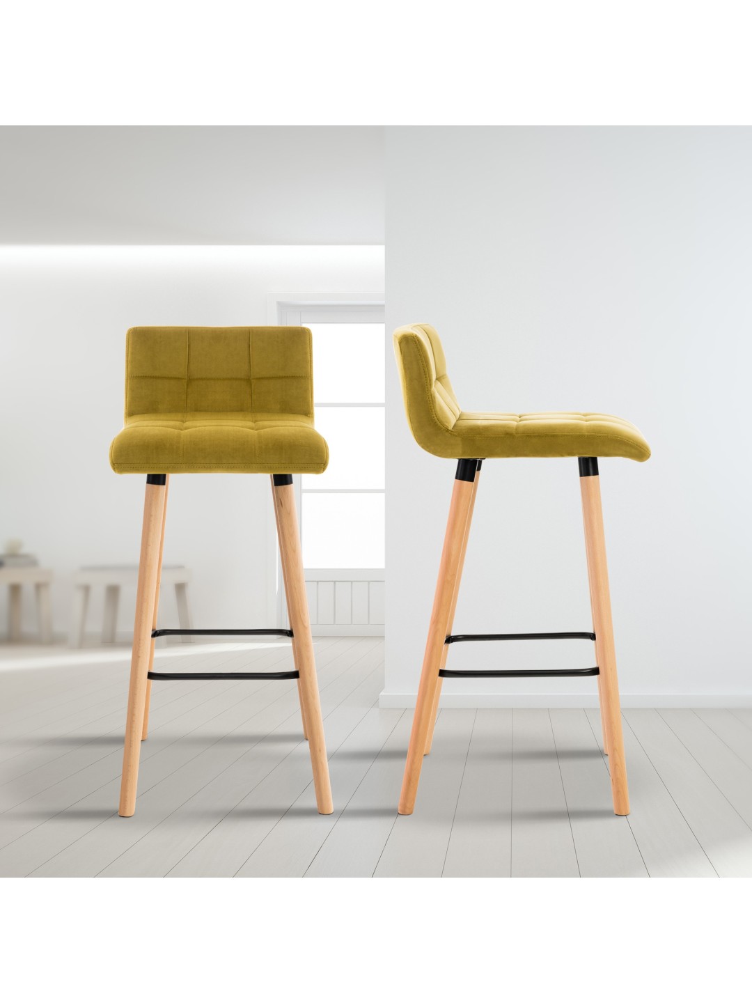 Juego de 2 taburetes de bar Lincoln terciopelo, amarillo