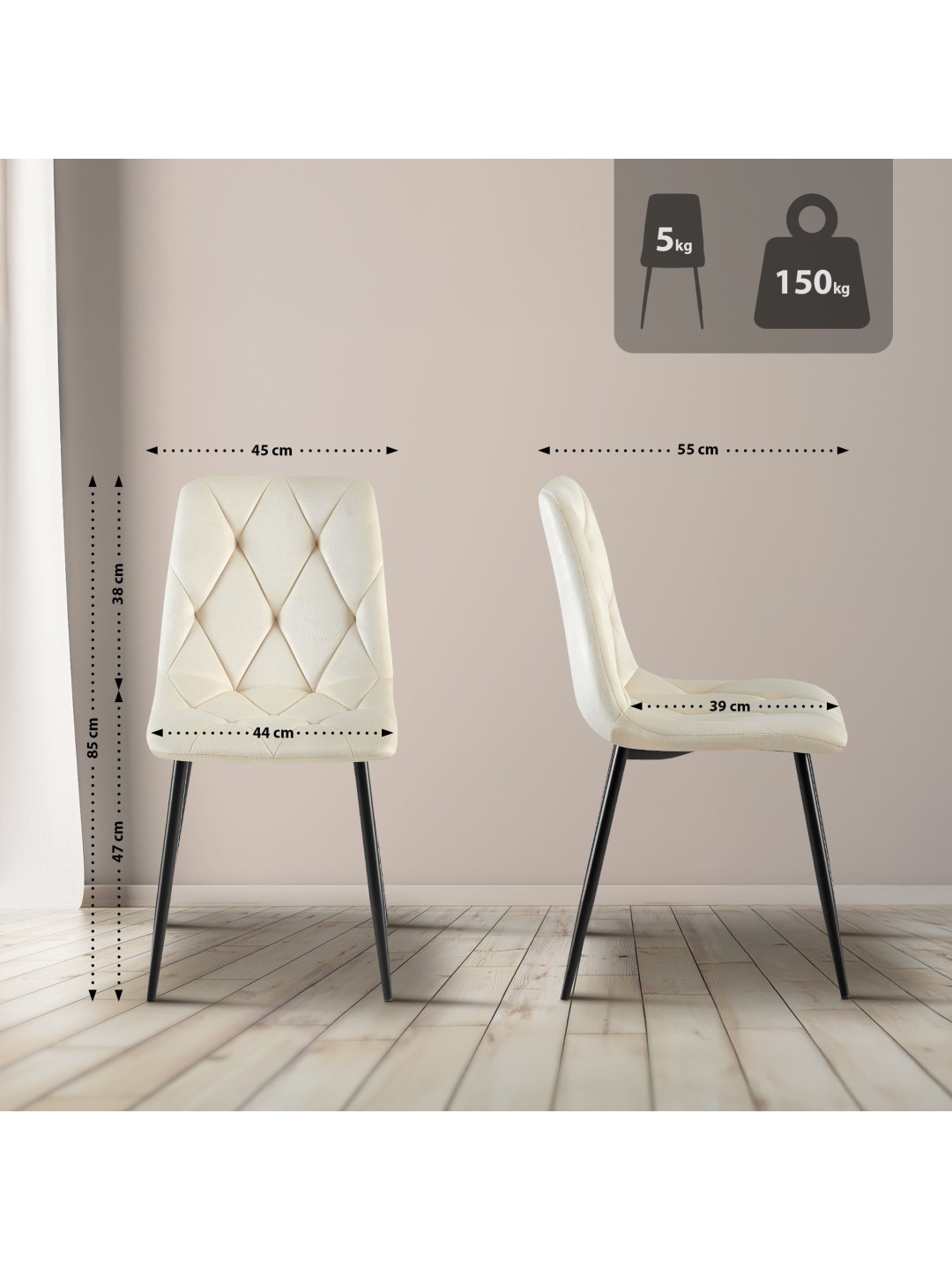 Juego de 2 sillas de comedor Terciopelo Clairton, crema