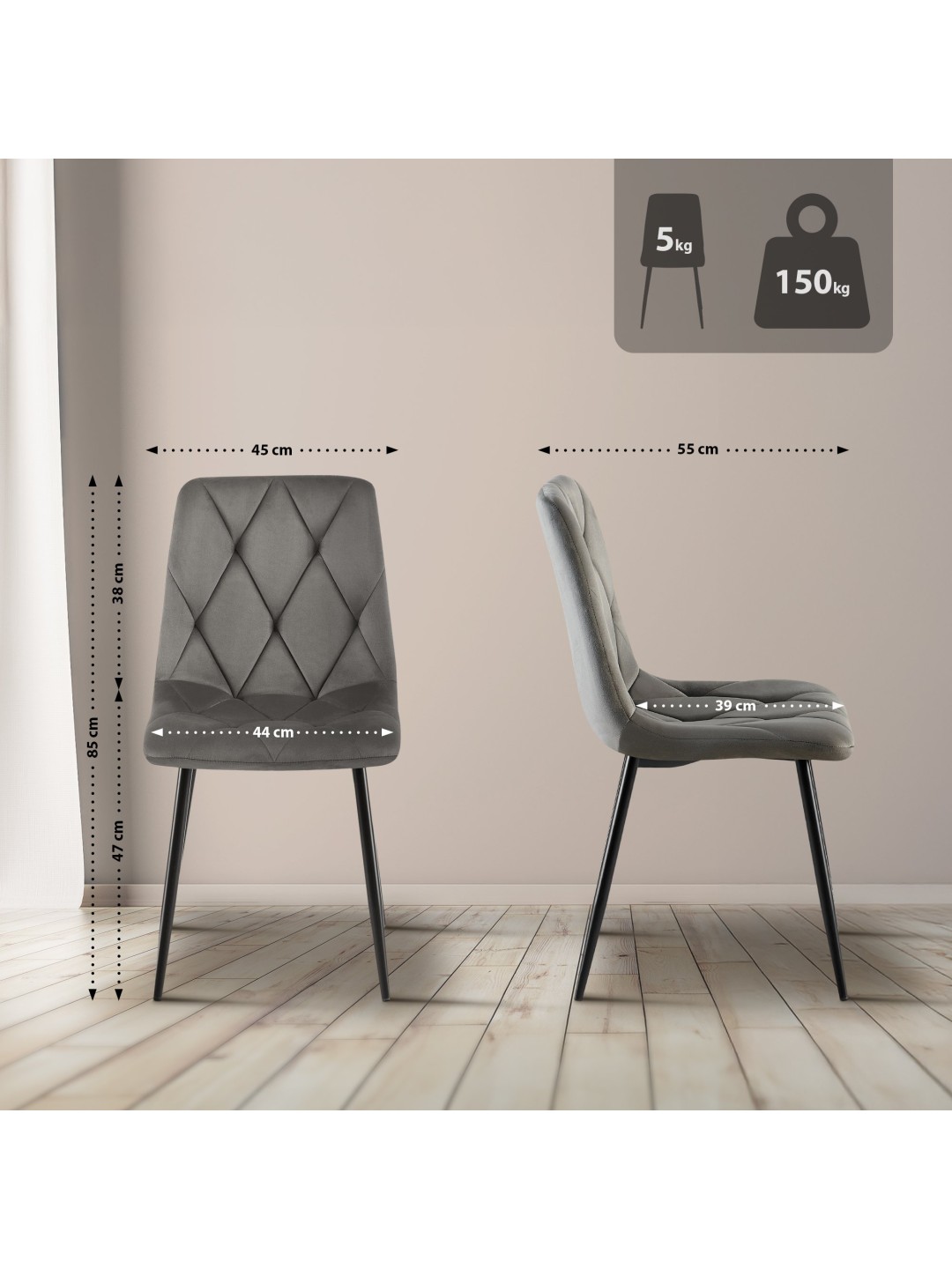 Juego de 2 sillas de comedor Terciopelo Clairton, antracita