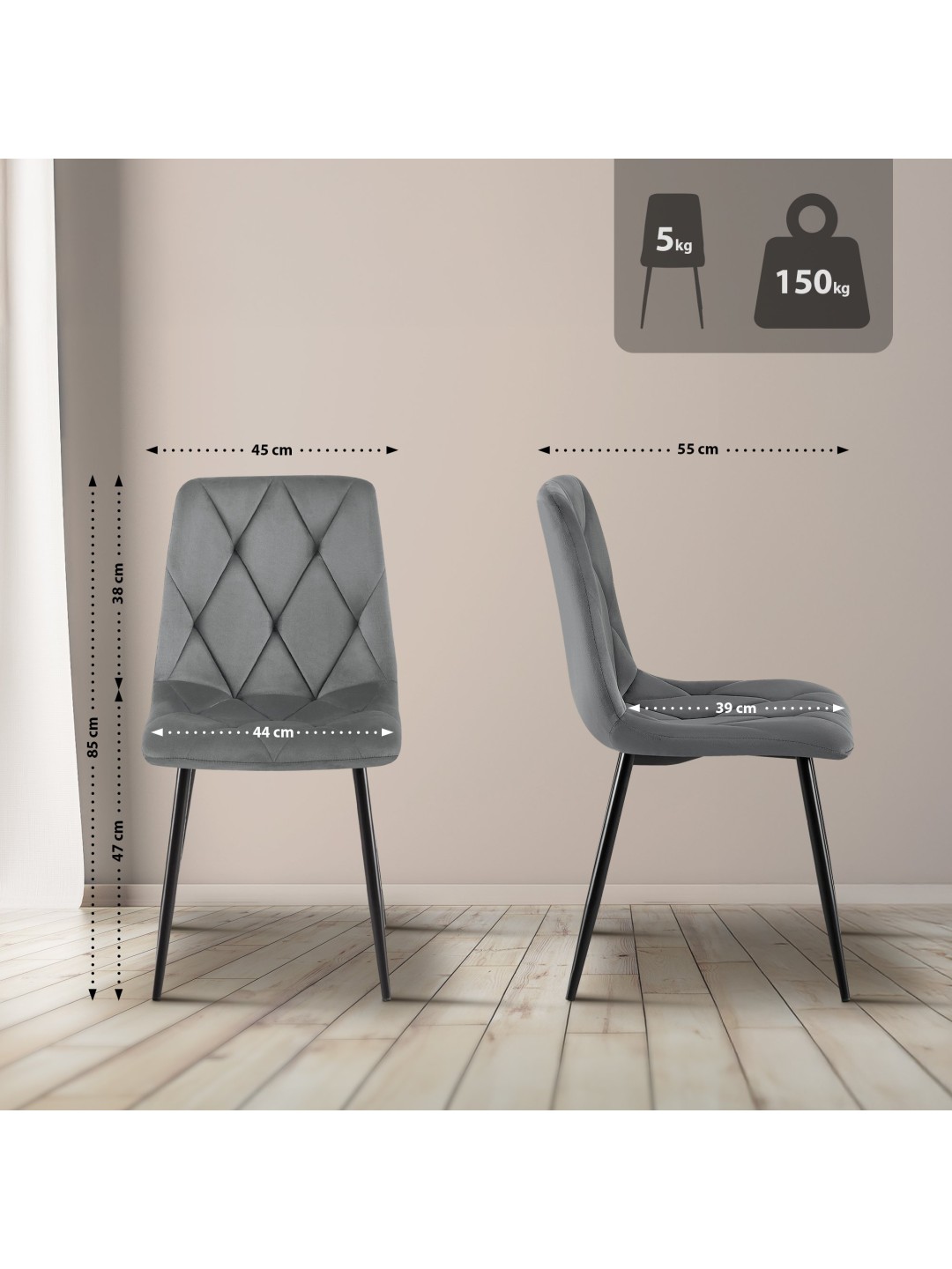 Juego de 2 sillas de comedor Terciopelo Clairton, gris oscuro