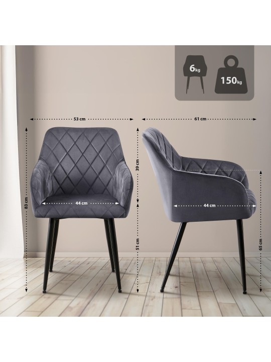 Juego de 2 sillas de comedor Monett terciopelo B, gris oscuro